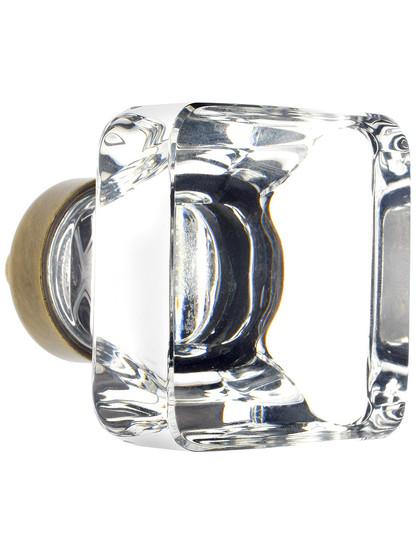 Lido Crystal Glass Cabinet Knob - 1 3/8 inch Square in Antique Brass.